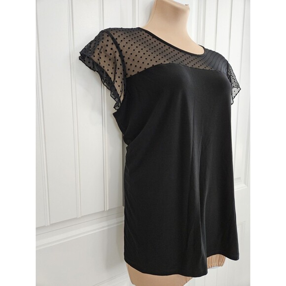 Anne Klein Plus Black Polka Dot Mesh Shoulder Flutter Sleeve Blouse Sz 1X - Picture 2 of 9